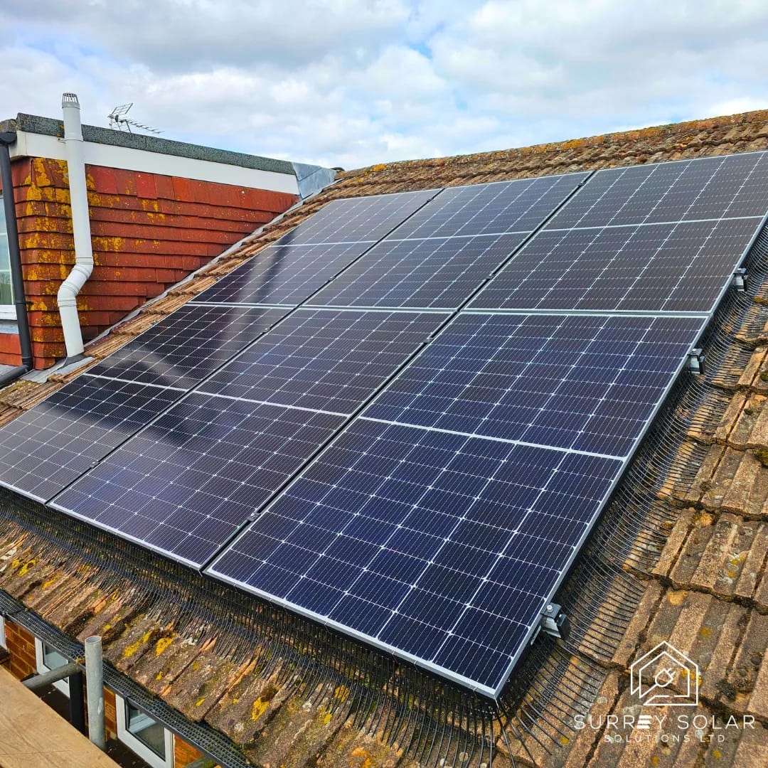 Solar PV array on a pitched roof, close view