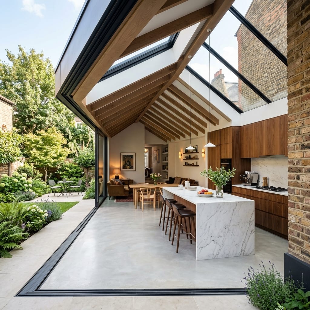 Open-plan kitchen-diner formed by a wrap-around extension in Richmond