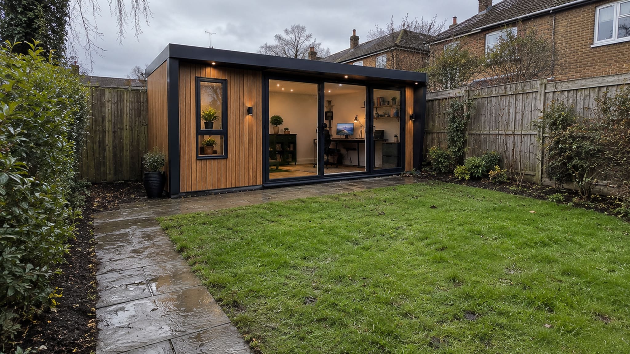 Cedar-clad log cabin garden office with black aluminium sliding doors and a warm lit interior, built by Grand Innovations