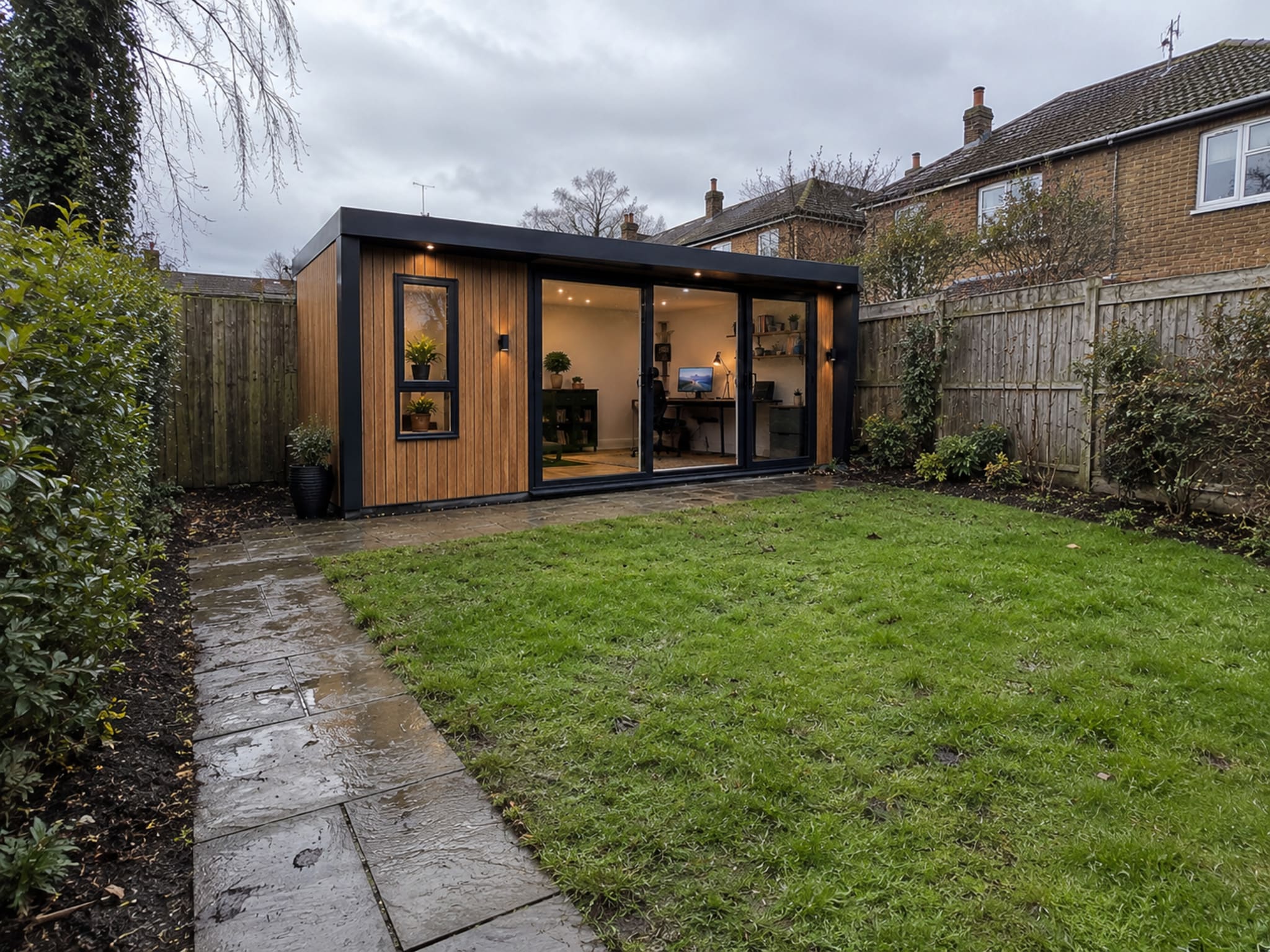 Cedar-clad log cabin garden office with black aluminium sliding doors and a warm lit interior, built by Grand Innovations