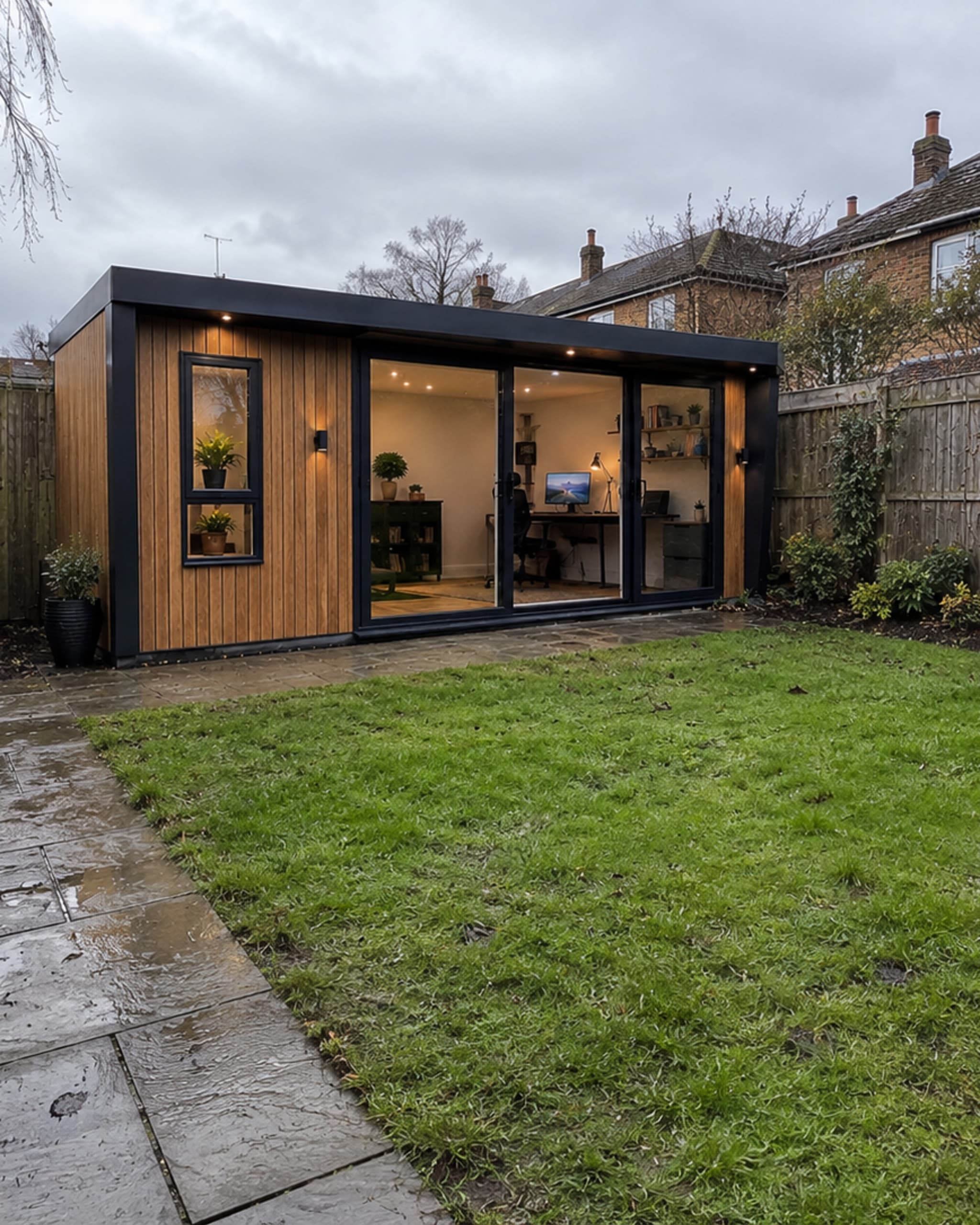 Cedar-clad log cabin garden office with black aluminium sliding doors and a warm lit interior, built by Grand Innovations